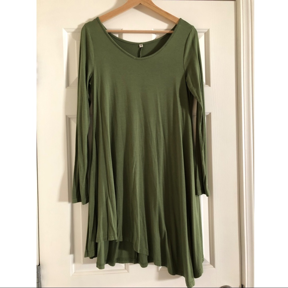 Long Sleeved Asymmetrical Dress - Olive Green